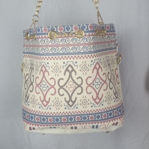 Tote Purse Bag Tan Cream Gold Blue